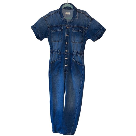 We The  Free Womens Jumpsuit Size Medium Blue Marci Denim Coveralls Short Sleeve - Picture 8 of 10